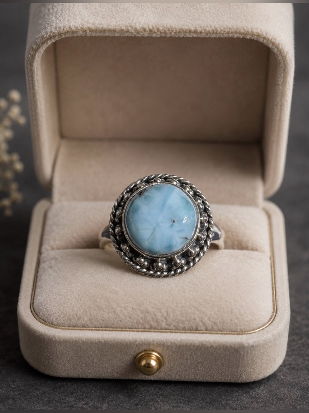 Ring Genuine Larimar 925 Sterling Silver Intricate Setting Gorgeous Stone